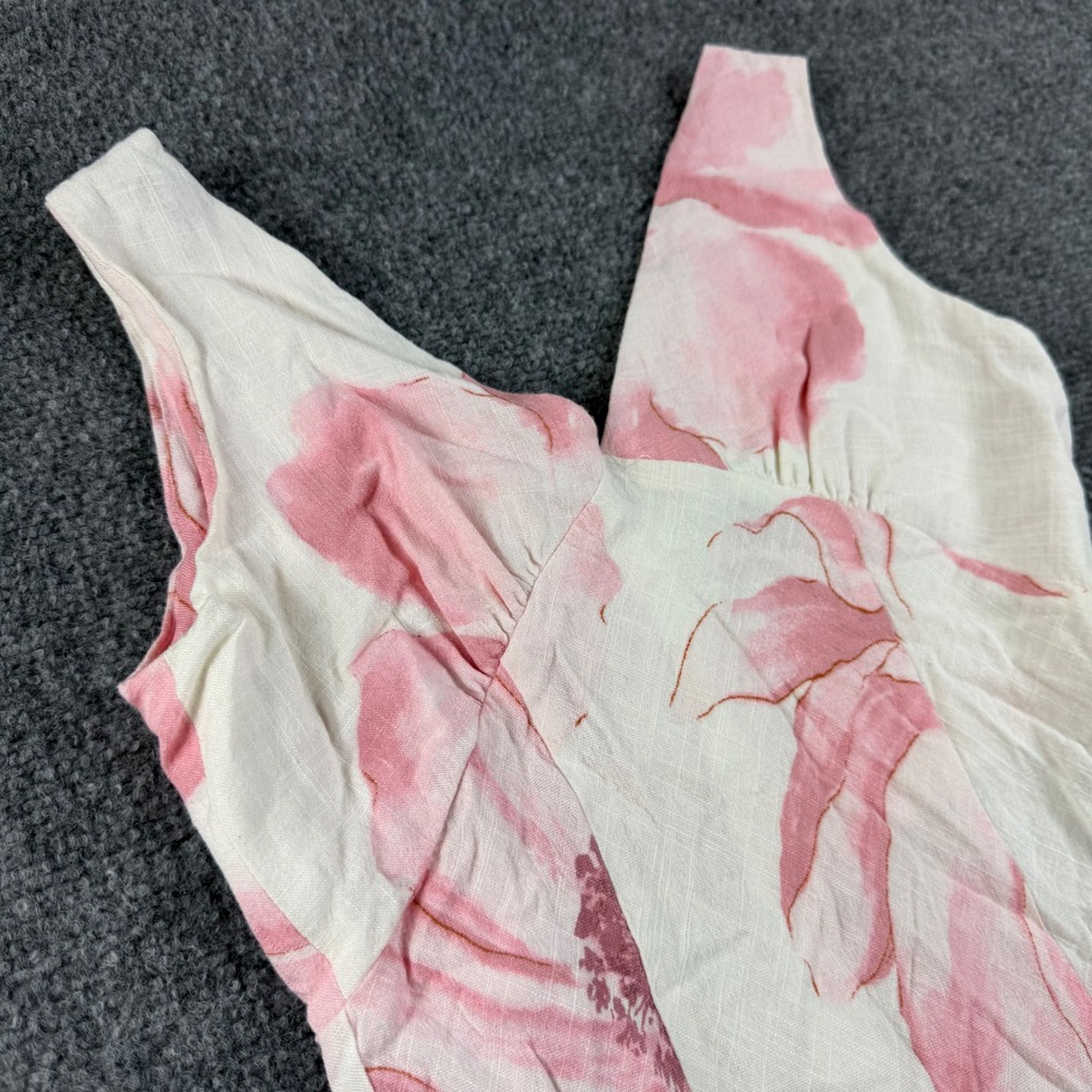Unbranded Floral Midi Dress 15in PTP Pink White Linen Blend Sleeveless Womens